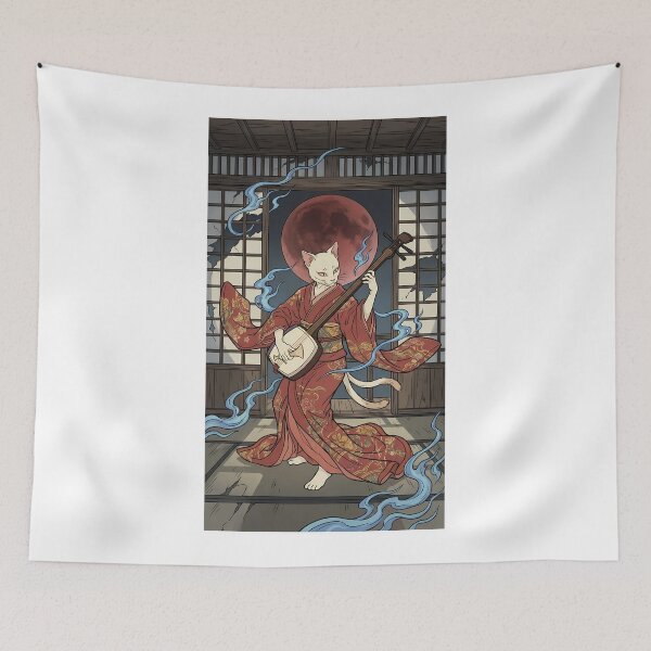 Item preview, Mystical Cat Shamisen Player under Blood Moon Ukiyo-e Art designed and sold by TokyoUkiyoHouse.