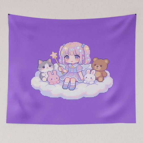 Item preview, Magical Girl on Cloud with Plushies - Kawaii Pixel Art designed and sold by PotionPixelArt.