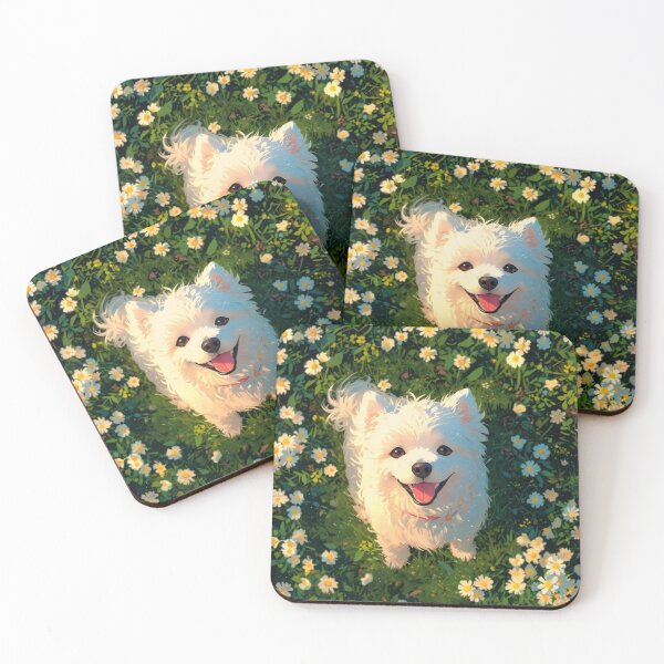 Item preview, Happy White Spitz Dog in Daisy Field | Cute Floral Puppy Art designed and sold by Jesus-istheway.