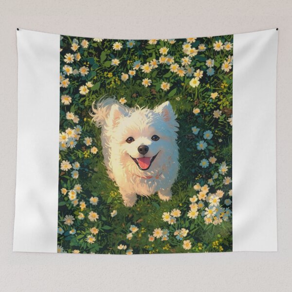 Item preview, Happy White Spitz Dog in Daisy Field | Cute Floral Puppy Art designed and sold by Jesus-istheway.