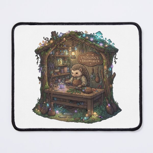 Item preview, Hedgehog's Broomhaven | Magical Broom Maker | Cozy Witch Cottage | Fantasy Hedgehog Sticker designed and sold by MrDev.