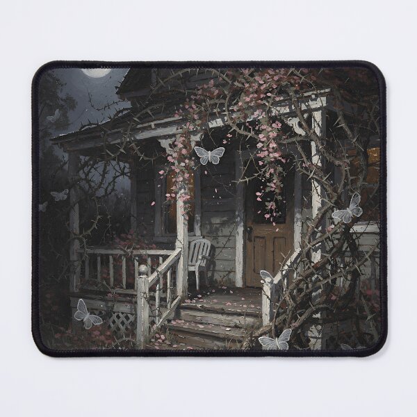 Item preview, Moonlit Gothic Cottage with Thorn Vines and White Moths Dark Cottagecore Fantasy Art designed and sold by cr6zym1nd.
