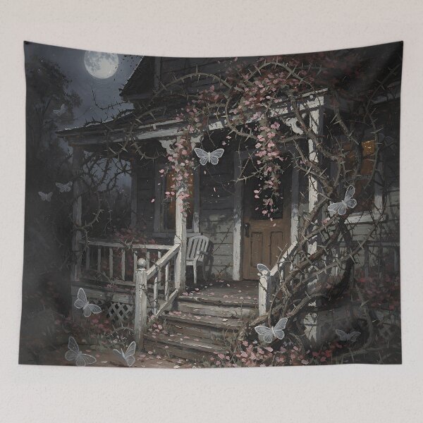 Item preview, Moonlit Gothic Cottage with Thorn Vines and White Moths Dark Cottagecore Fantasy Art designed and sold by cr6zym1nd.