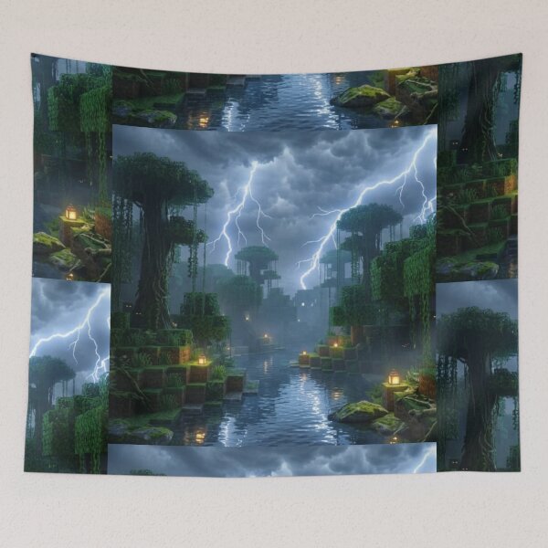 Item preview, Minecraft Jungle Thunderstorm with Lightning | Blocky Nature Landscape designed and sold by ar0001.