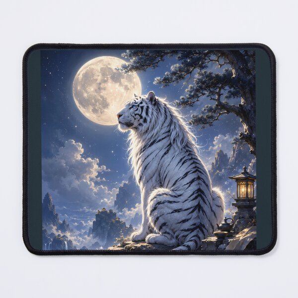 Item preview, White Tiger Under the Full Moon | Moonlit Fantasy Wildlife Art designed and sold by ManJiangHong.