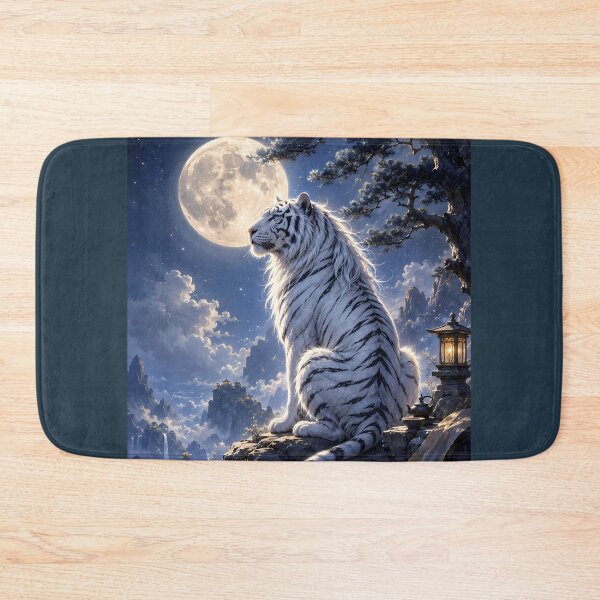 Item preview, White Tiger Under the Full Moon | Moonlit Fantasy Wildlife Art designed and sold by ManJiangHong.