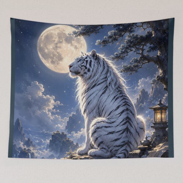 Item preview, White Tiger Under the Full Moon | Moonlit Fantasy Wildlife Art designed and sold by ManJiangHong.
