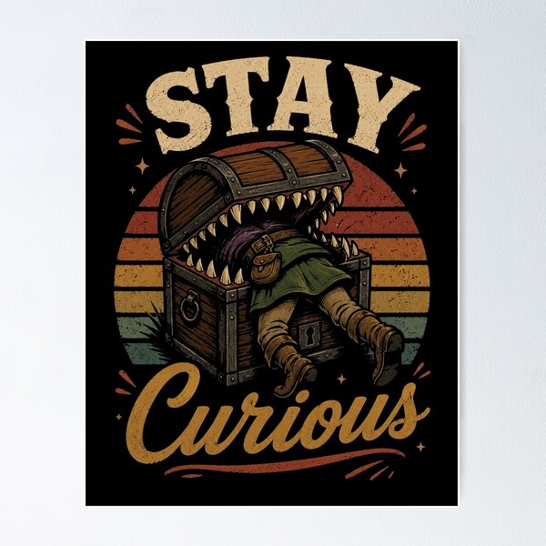 Item preview, Stay Curious – Funny Fantasy Mimic Treasure Chest Monster Retro RPG Design designed and sold by Digital Dreamtales.