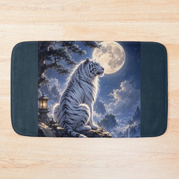 Item preview, White Tiger Under the Full Moon | Moonlit Fantasy Wildlife Art designed and sold by ManJiangHong.