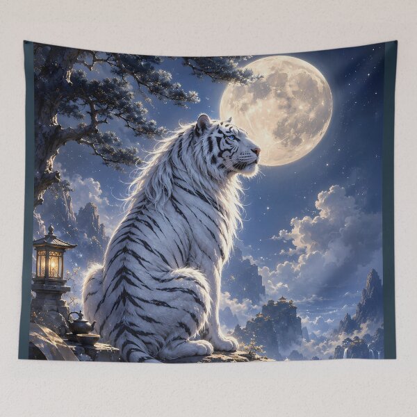 Item preview, White Tiger Under the Full Moon | Moonlit Fantasy Wildlife Art designed and sold by ManJiangHong.