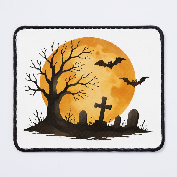 Item preview, Halloween night scene with a big moon, bats, a barren tree, and grave markers in a graveyard setting designed and sold by Ms. Iryna.