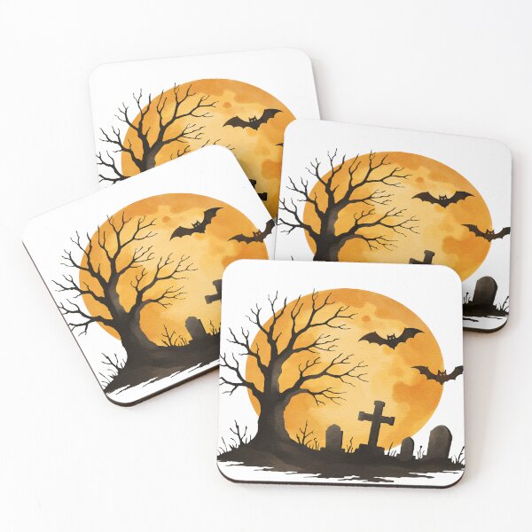 Item preview, Halloween night scene with a big moon, bats, a barren tree, and grave markers in a graveyard setting designed and sold by Ms. Iryna.