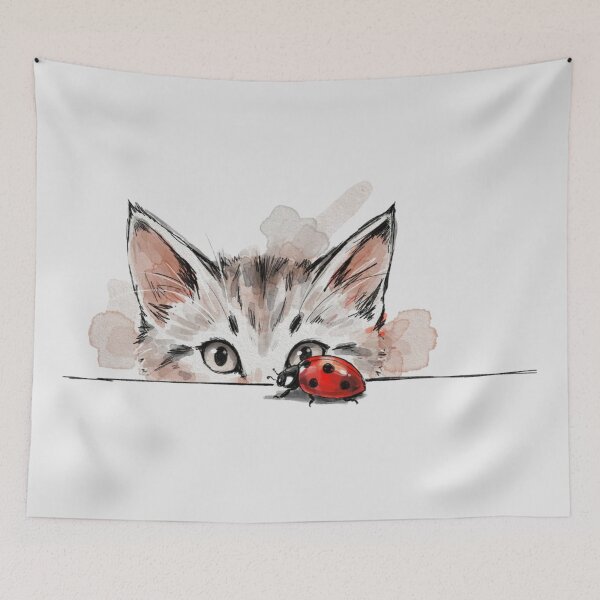 Item preview, Minimalist watercolor and ink sketch of a cute kitten peeking over a white ledge designed and sold by 123ks.
