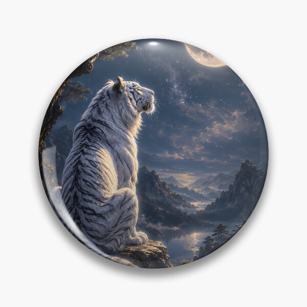 Item preview, White Tiger Gazing at the Full Moon | Moonlit Fantasy Landscape Art designed and sold by ManJiangHong.