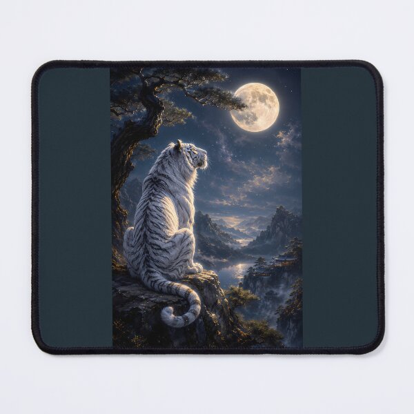 Item preview, White Tiger Gazing at the Full Moon | Moonlit Fantasy Landscape Art designed and sold by ManJiangHong.