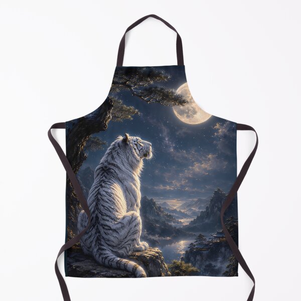 Item preview, White Tiger Gazing at the Full Moon | Moonlit Fantasy Landscape Art designed and sold by ManJiangHong.