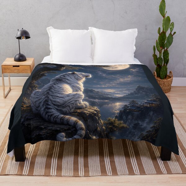 Item preview, White Tiger Gazing at the Full Moon | Moonlit Fantasy Landscape Art designed and sold by ManJiangHong.