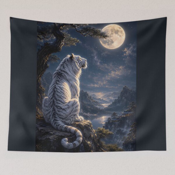 Item preview, White Tiger Gazing at the Full Moon | Moonlit Fantasy Landscape Art designed and sold by ManJiangHong.