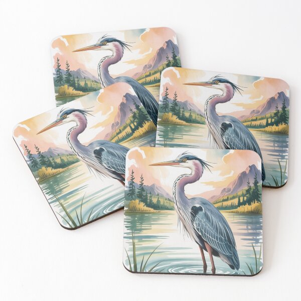 Item preview, watercolor illustration of a gray heron standing in a lake designed and sold by 123ks.