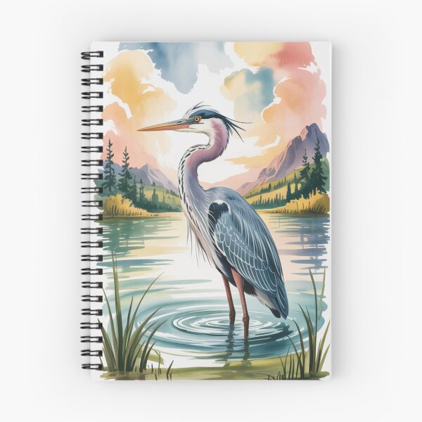 Item preview, watercolor illustration of a gray heron standing in a lake designed and sold by 123ks.
