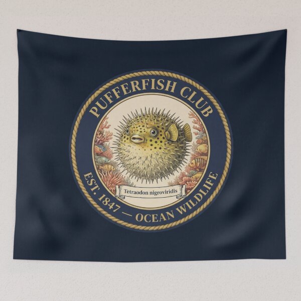 Item preview, Pufferfish Club Vintage Badge Ocean Wildlife Art designed and sold by CalmCapy Co.