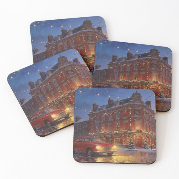 Item preview, Festive Vintage Street - Classic Car in Christmas Town Dusk designed and sold by BlareBlare.