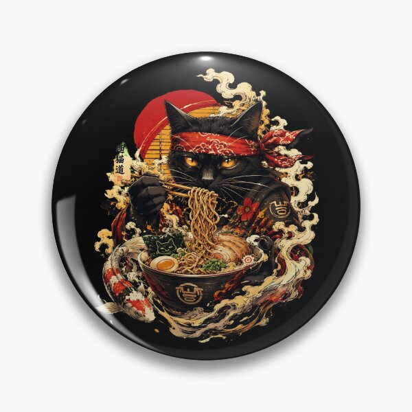 Item preview, Japanese Samurai Black Cat Eating Ramen Noodles Koi Fish designed and sold by Vermanartist.