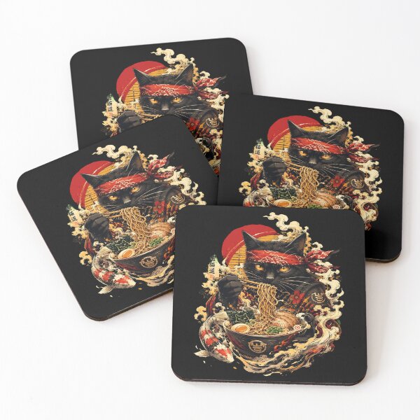Item preview, Japanese Samurai Black Cat Eating Ramen Noodles Koi Fish designed and sold by Vermanartist.