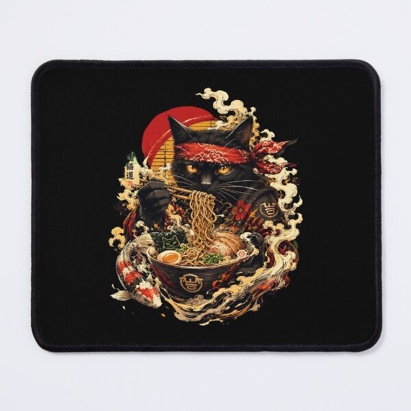 Item preview, Japanese Samurai Black Cat Eating Ramen Noodles Koi Fish designed and sold by Vermanartist.