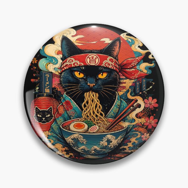 Item preview, Retro Japanese Black Cat Eating Ramen Noodles Ukiyo designed and sold by Vermanartist.