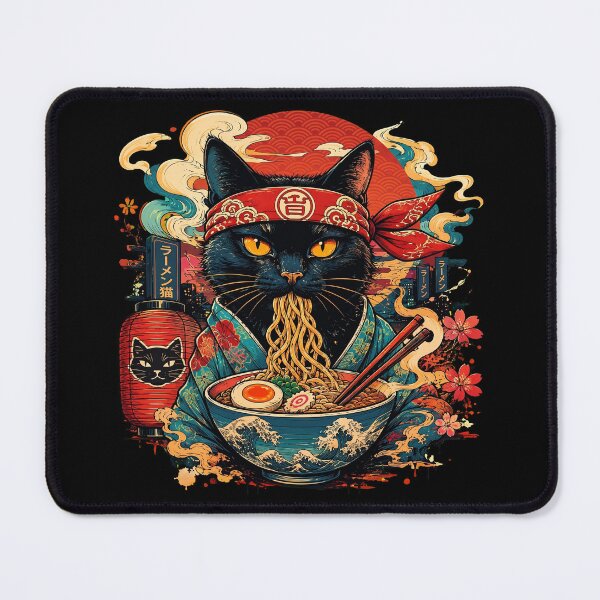 Item preview, Retro Japanese Black Cat Eating Ramen Noodles Ukiyo designed and sold by Vermanartist.