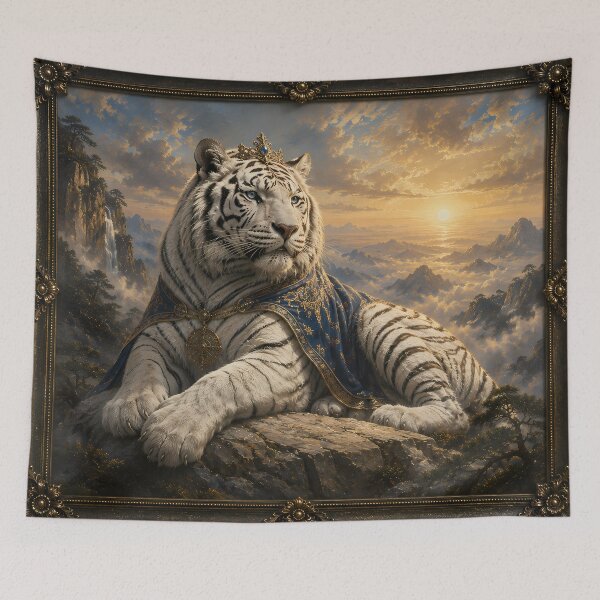 Item preview, Majestic White Tiger Resting in Mountain Valley | Fantasy Wildlife Art designed and sold by ManJiangHong.