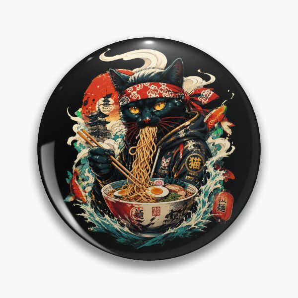Item preview, Japanese Black Cat Ramen Eater Neko with Samurai Bandana and Koi designed and sold by Vermanartist.