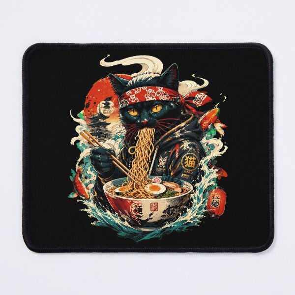 Item preview, Japanese Black Cat Ramen Eater Neko with Samurai Bandana and Koi designed and sold by Vermanartist.