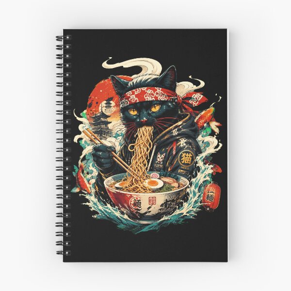 Item preview, Japanese Black Cat Ramen Eater Neko with Samurai Bandana and Koi designed and sold by Vermanartist.