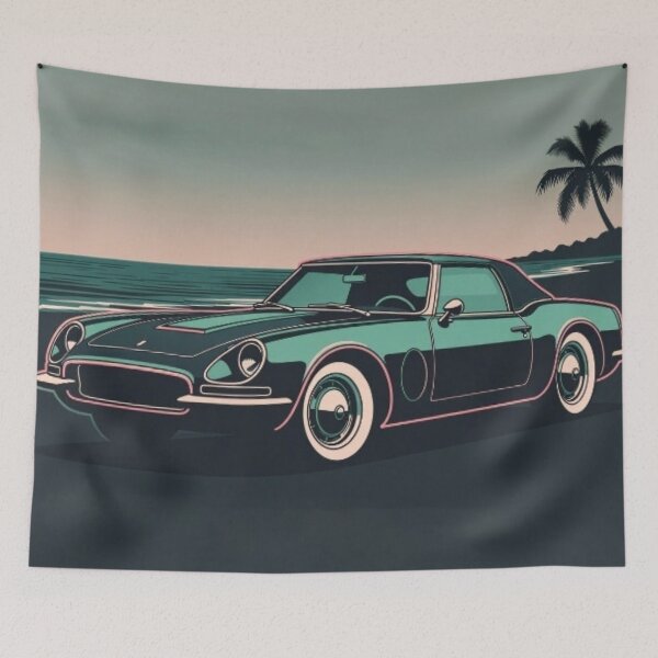 Item preview, Retro Vintage Roadster Beach Cruise - Neon Vector Car Art designed and sold by Nexus Space.