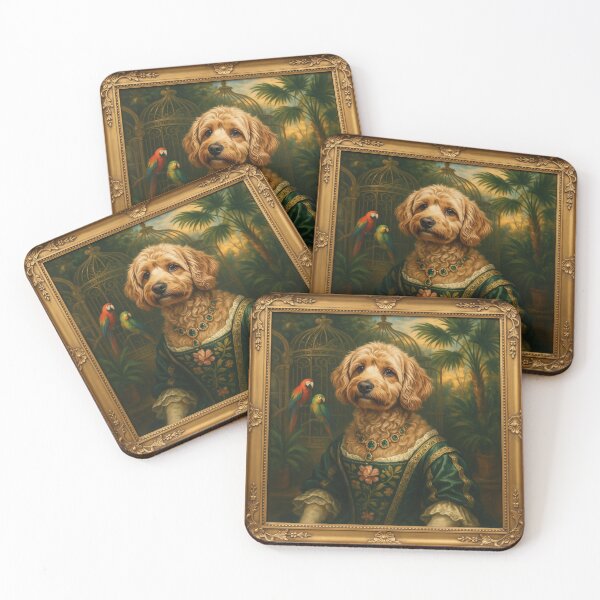 Item preview, a charming fluffy brown Cockapoo wearing an elegant dark green baroque gown with gold embroidery and fine jewelry designed and sold by 123ks.
