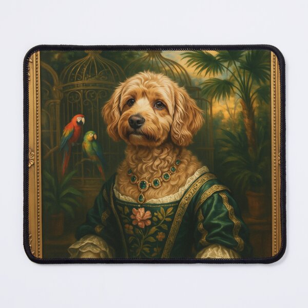 Artikelvorschau, Ein bezaubernder, flauschiger, brauner Cockapoo trägt ein elegantes, dunkelgrünes Barockkleid mit Goldstickerei und edlem Schmuck. entworfen und verkauft von 123ks.