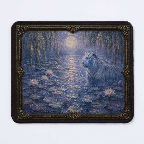 Item preview, Majestic White Tiger in Lotus Lake | Fantasy Wildlife Landscape Art designed and sold by ManJiangHong.