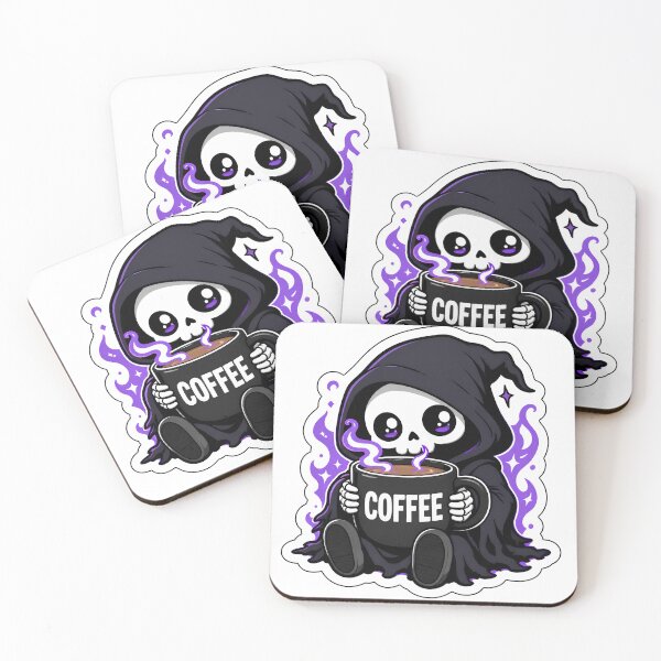 Item preview, Cute Pastel Goth Grim Reaper Drinking Coffee Spooky Kawaii designed and sold by Foxiquie | Creative Sticker Studio.