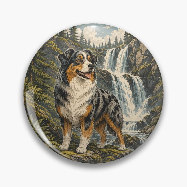 Item preview, Australian Shepherd Waterfall Adventure Vintage Outdoor Art designed and sold by Golden Era Studio.