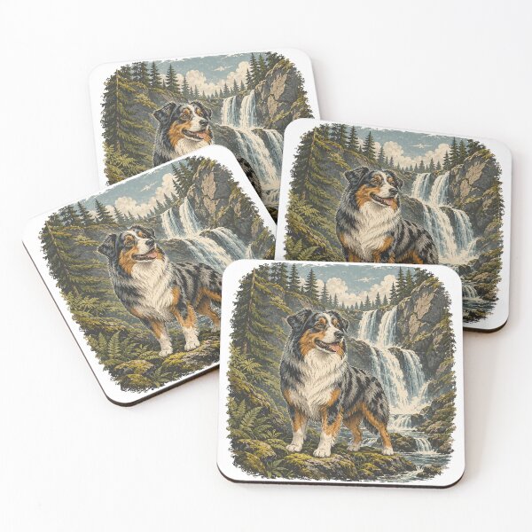 Item preview, Australian Shepherd Waterfall Adventure Vintage Outdoor Art designed and sold by Golden Era Studio.