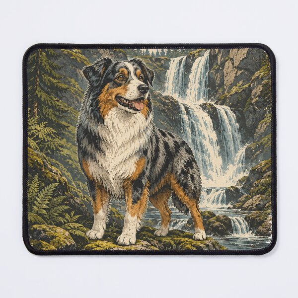 Item preview, Australian Shepherd Waterfall Adventure Vintage Outdoor Art designed and sold by Golden Era Studio.