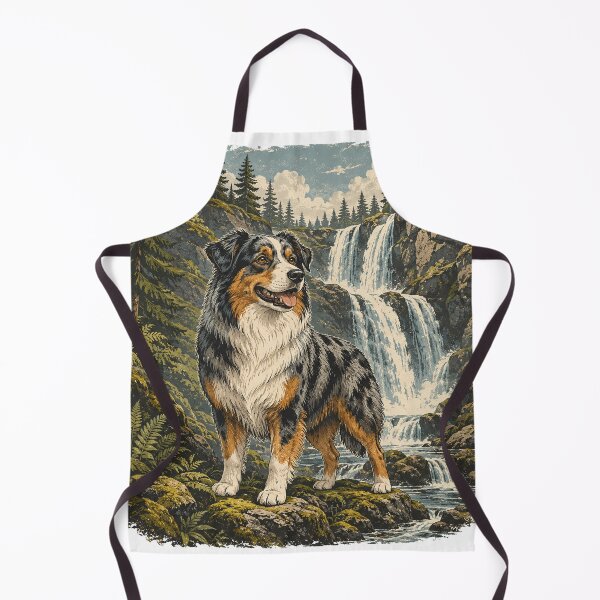 Item preview, Australian Shepherd Waterfall Adventure Vintage Outdoor Art designed and sold by Golden Era Studio.