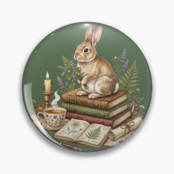 Item preview, Woodland Rabbit with Wildflowers & Vintage Books | Cozy Cottagecore Watercolor Illustration designed and sold by Whimwick.
