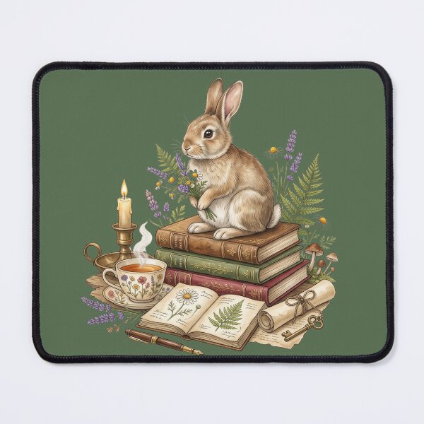 Item preview, Woodland Rabbit with Wildflowers & Vintage Books | Cozy Cottagecore Watercolor Illustration designed and sold by Whimwick.