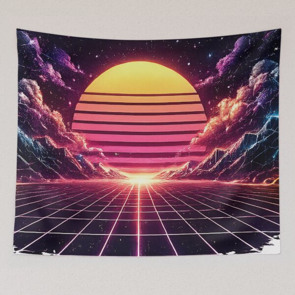 Item preview, Retro Future 1980s Grid Horizon Landscape with Cyber Clouds designed and sold by RiteshCenter .
