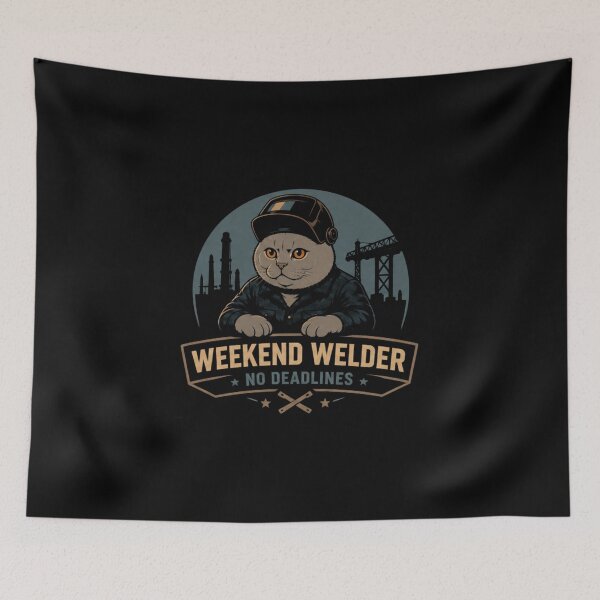 Item preview, British Shorthair Weekend Welder No Deadlines Welding Cat Retro designed and sold by RusticMeadow.