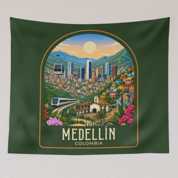 Item preview, Medellín Vintage Travel Illustration designed and sold by HomeLivingCo.