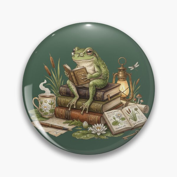 Item preview, Reading Frog on Vintage Books | Cozy Cottagecore Watercolor Library Illustration designed and sold by Whimwick.